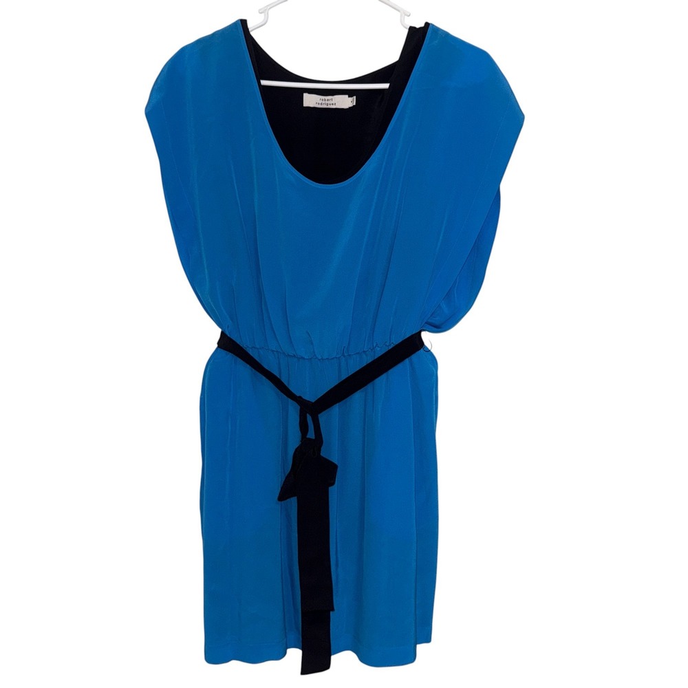Robert Rodriguez Dress Sheath Blue Black Belted Sleeveless Size 4